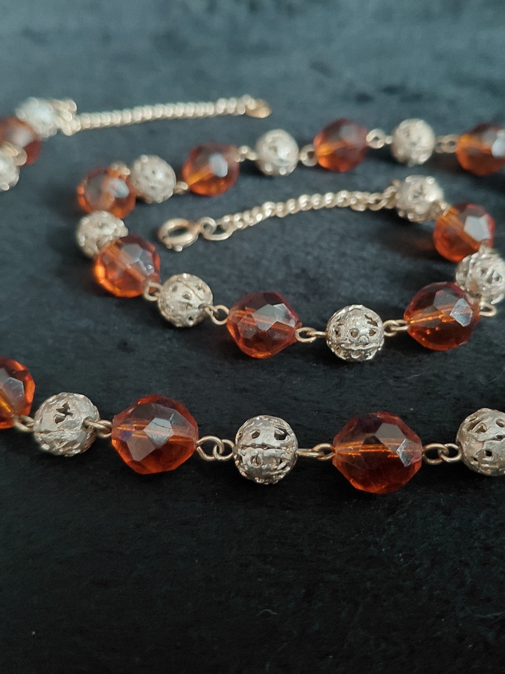 Plastic Amber Color Beads and Filigree Bead Necklace